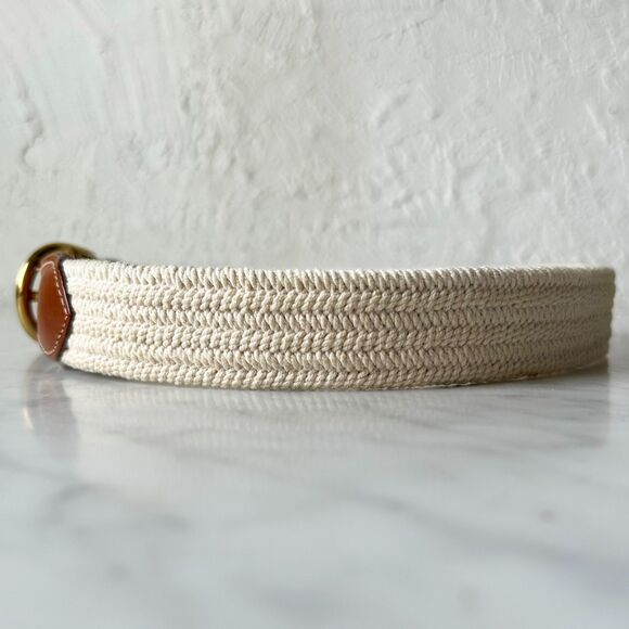 Vintage 90s Lands' End Brown Leather Belt Woven Cotton Off-White-Women's Size 30 - Picture 5 of 8